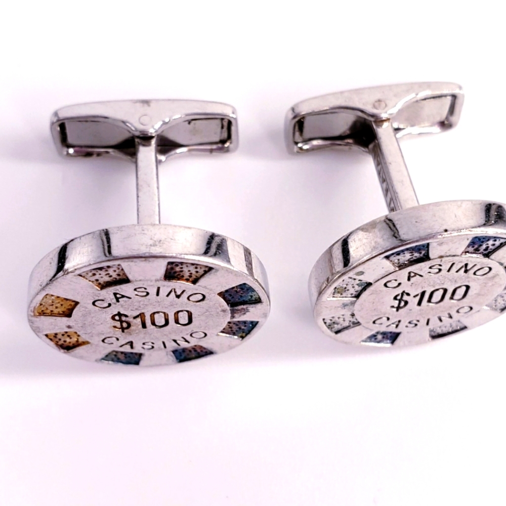 Sterling Silver Signed 100 Poker Chip Cufflinks.
